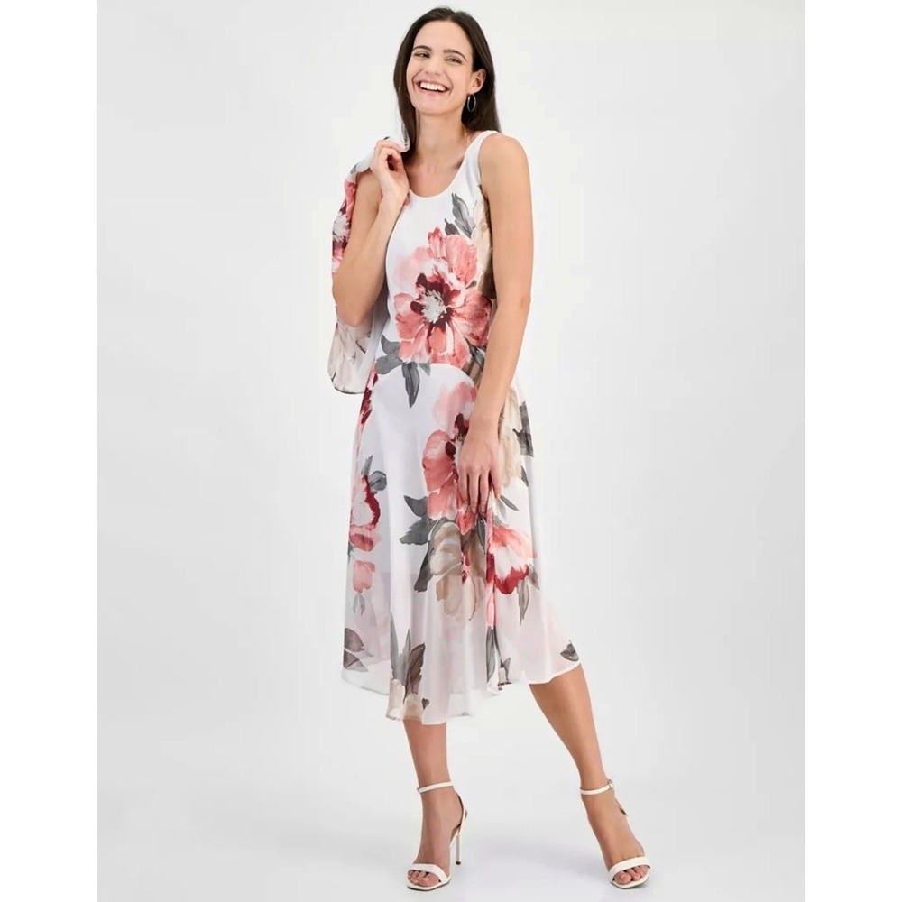 Signature by Robbie Bee Chiffon Dress Women 10 White Floral Sleeveless Romantic